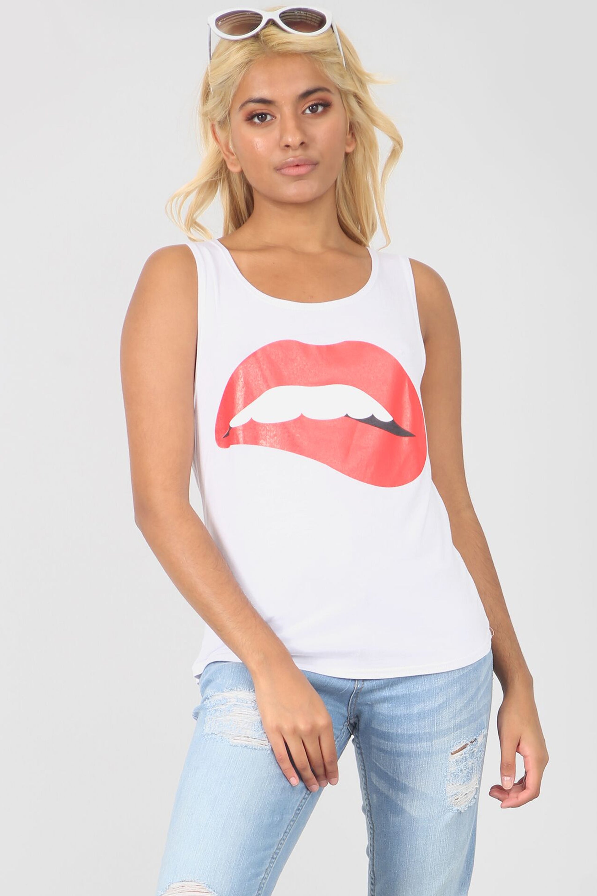 Lips Graphic Print Curved Hem Vest Top - bejealous-com