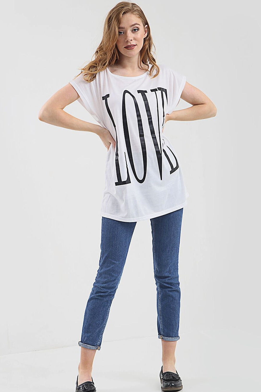 Love Slogan Print Oversized Roll Sleeve Tshirt - bejealous-com