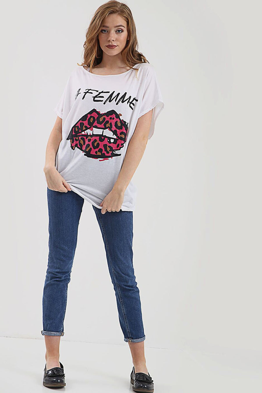 La Femme Graphic Print Oversize White Tshirt - bejealous-com
