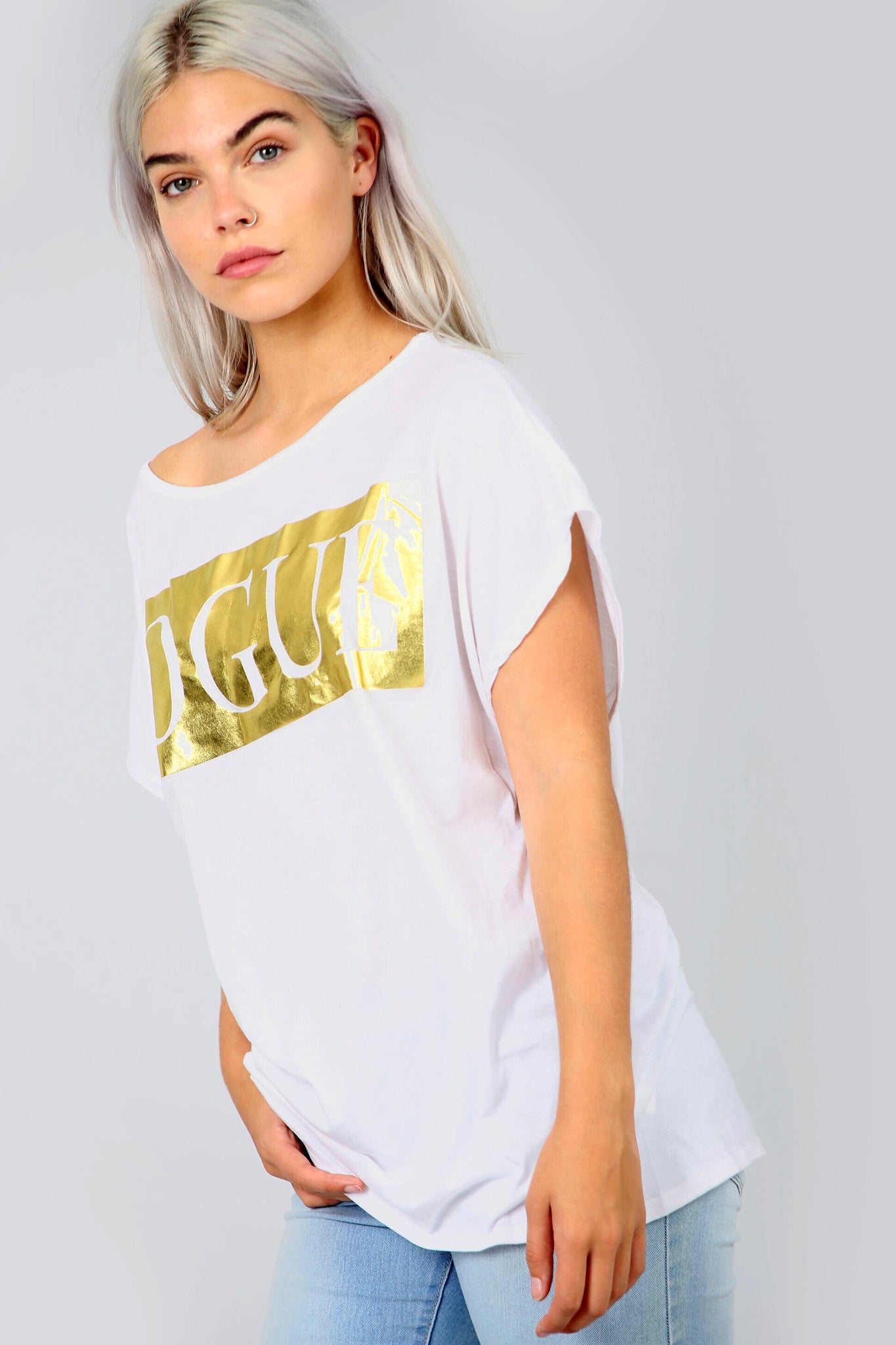 Oversize Vogue Metallic Slogan Print Grey Tshirt - bejealous-com
