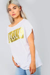 Oversize Vogue Metallic Slogan Print Grey Tshirt - bejealous-com