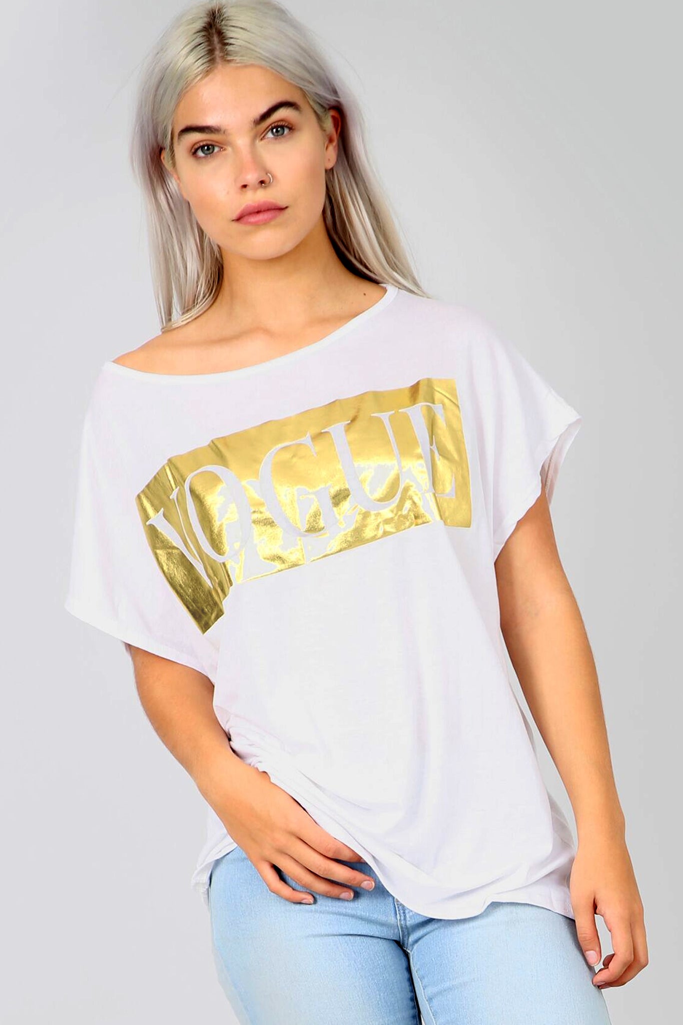 Oversize Vogue Metallic Slogan Print Grey Tshirt - bejealous-com