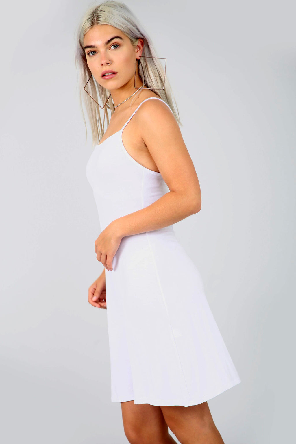 Strappy Basic Jersey Mini Swing Dress in White - bejealous-com