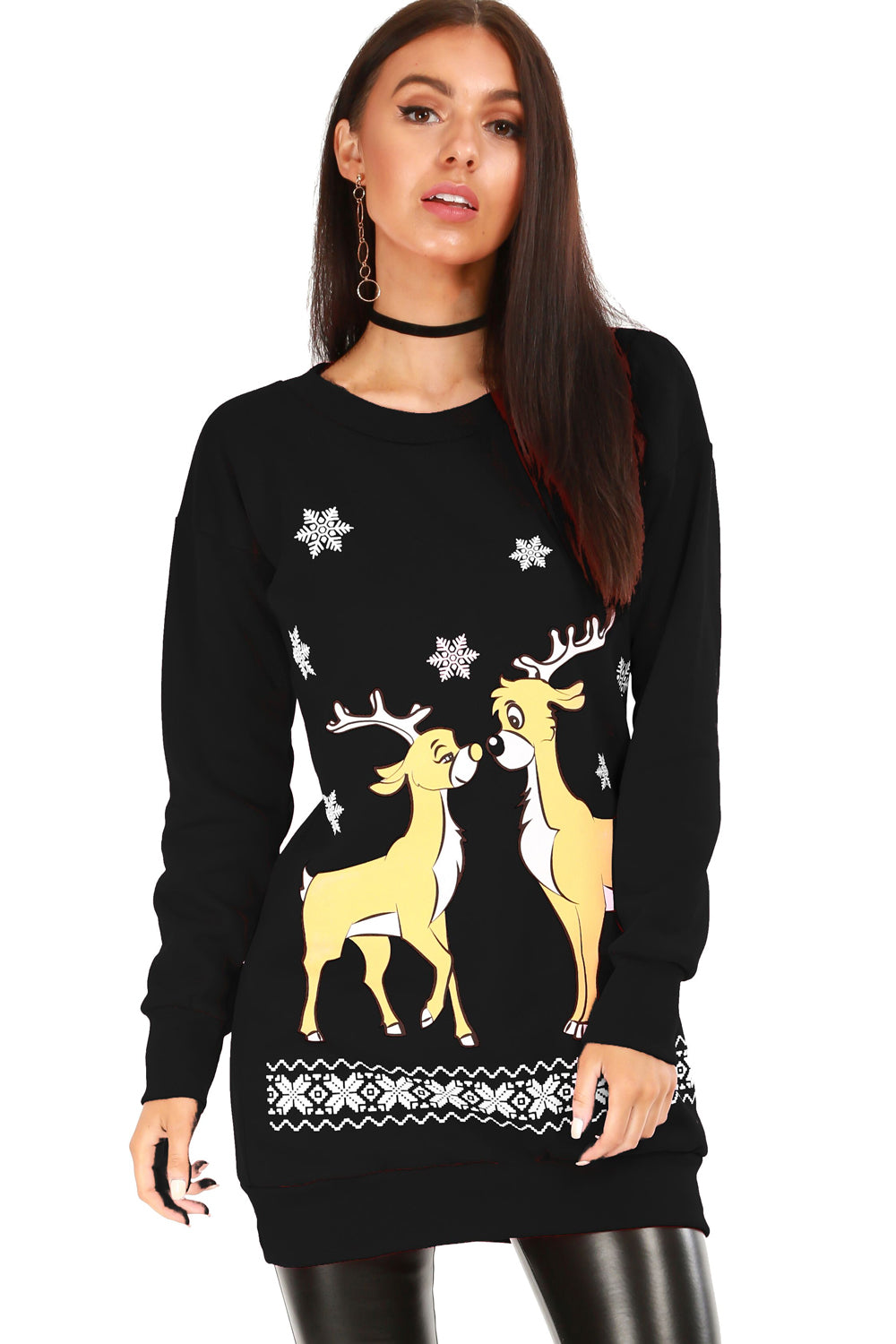 Long Sleeve Christmas Reindeer Jumper Dress - bejealous-com