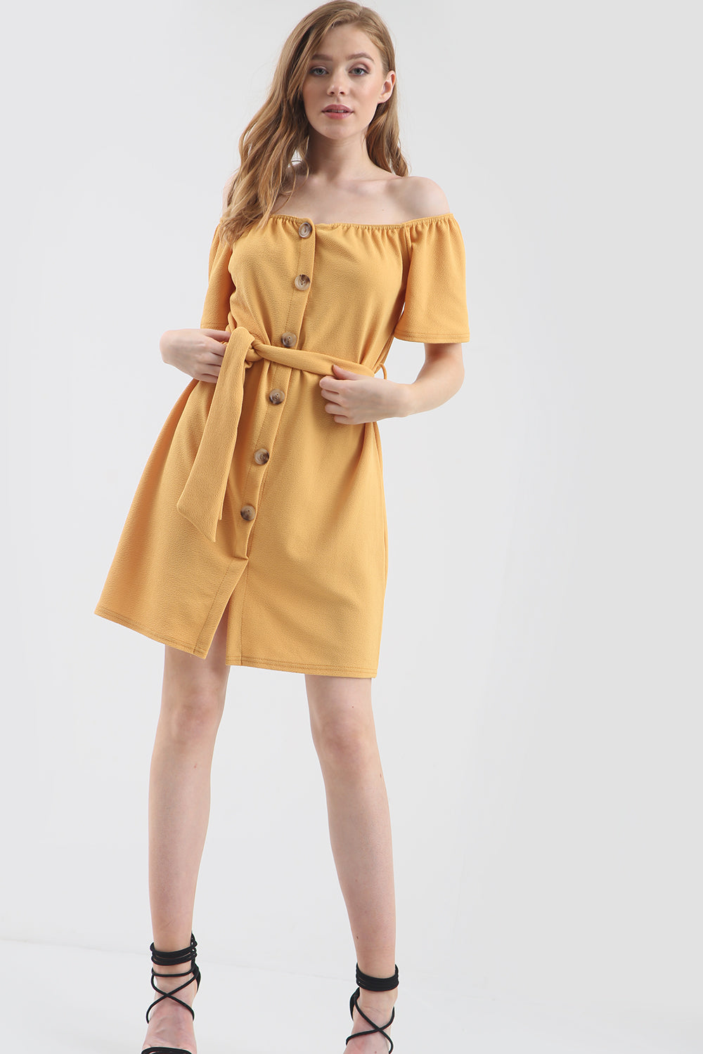 Geena Off Shoulder Button Through Mini Dress - bejealous-com