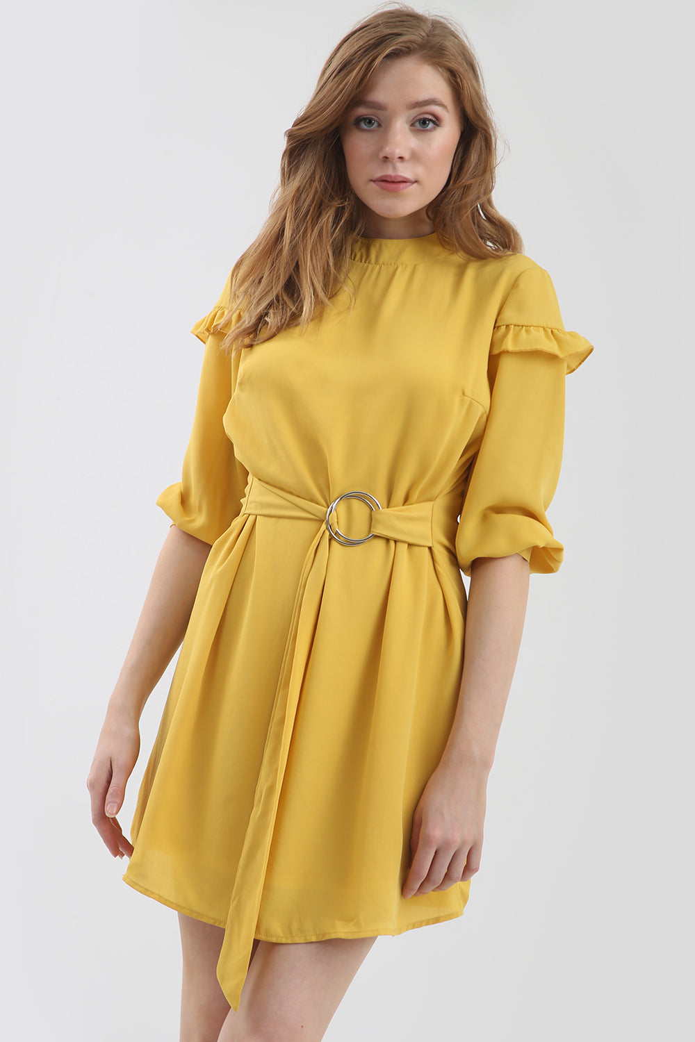 D Ring Belted Frilly Mini Shift Dress - bejealous-com