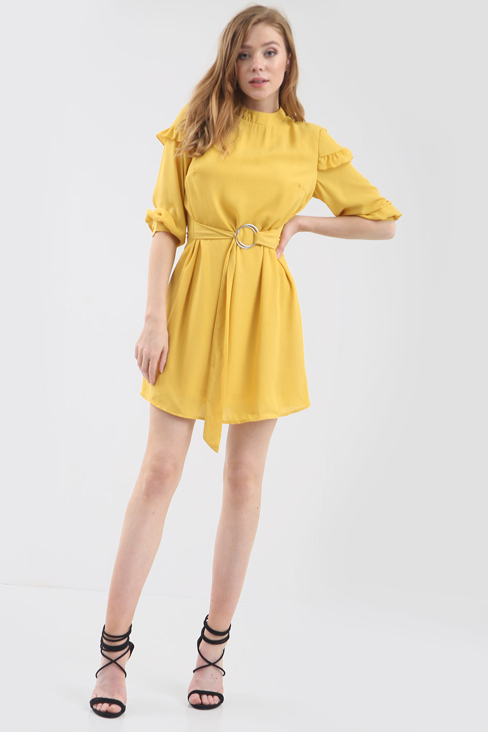D Ring Belted Frilly Mini Shift Dress - bejealous-com