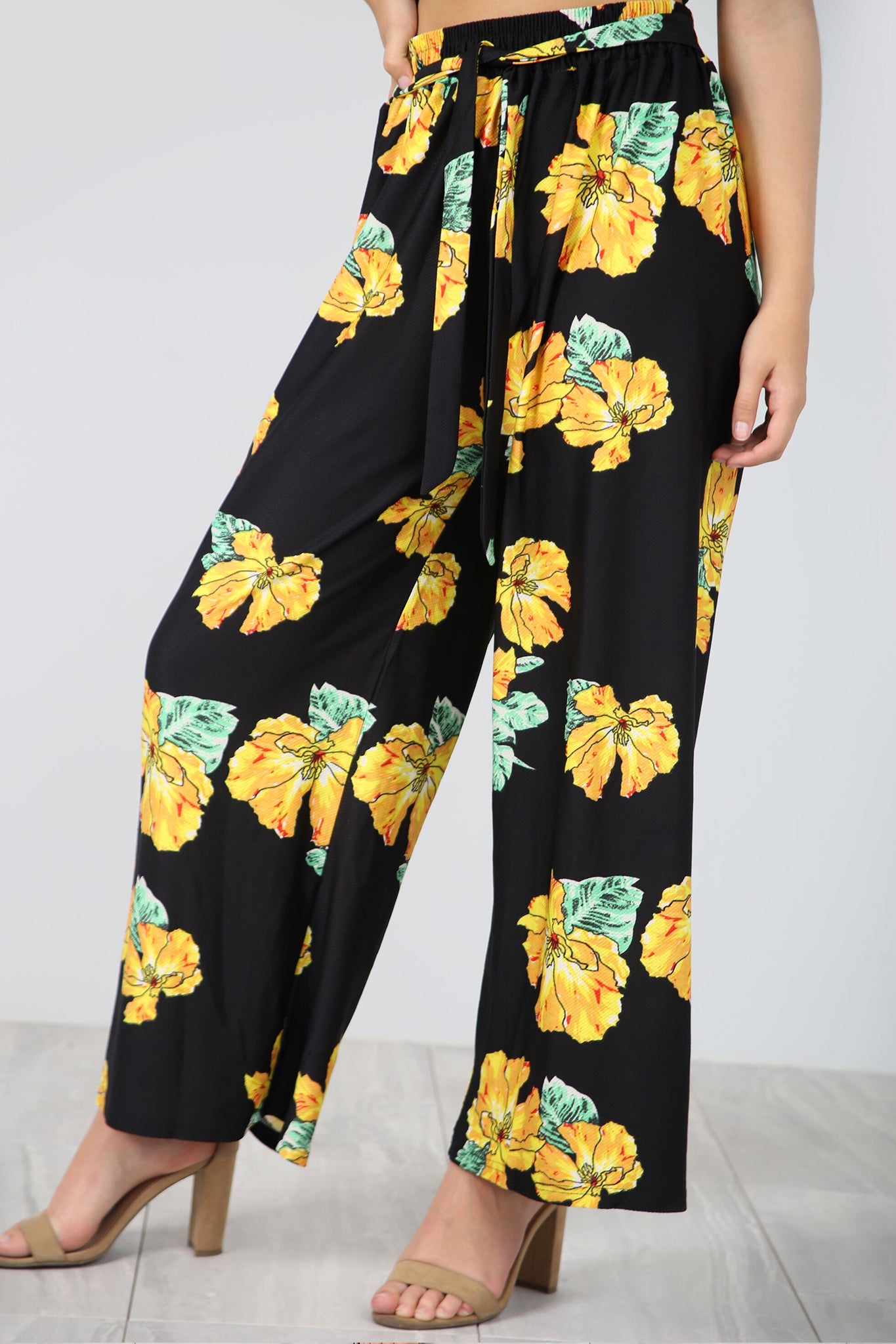 High Waist Yellow Tropical Print Wide Leg Pants - bejealous-com