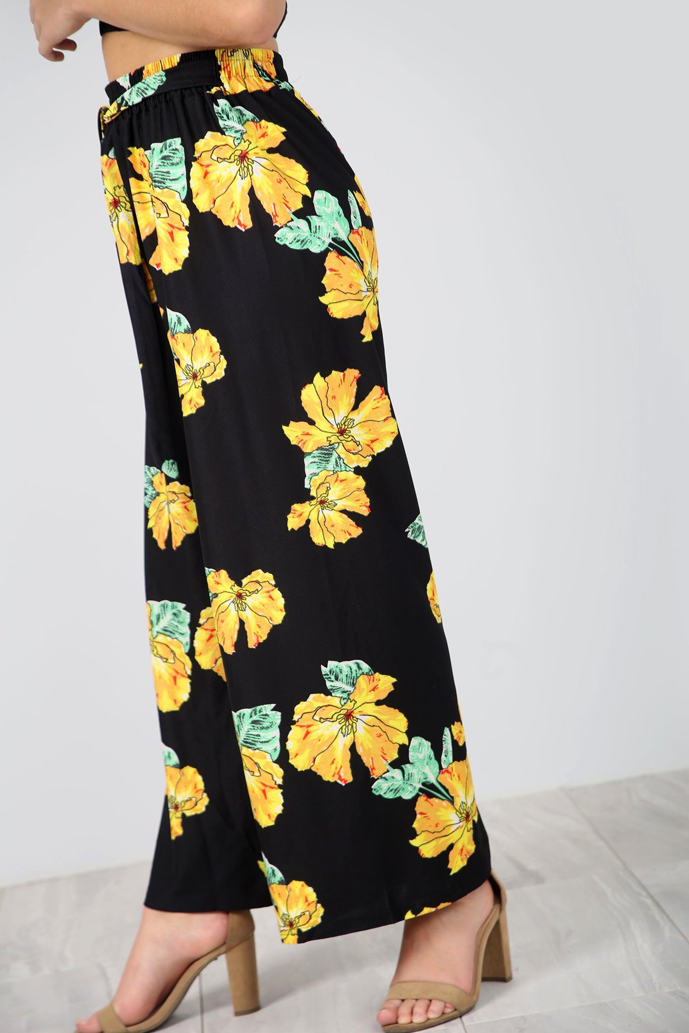 High Waist Yellow Tropical Print Wide Leg Pants - bejealous-com
