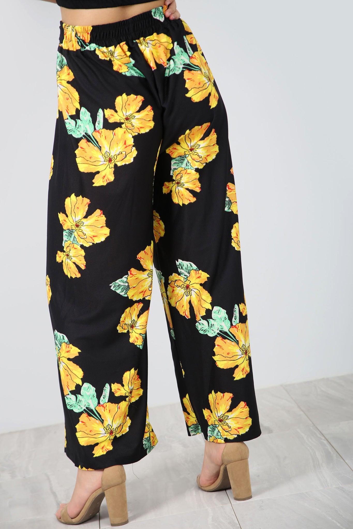 High Waist Yellow Tropical Print Wide Leg Pants - bejealous-com