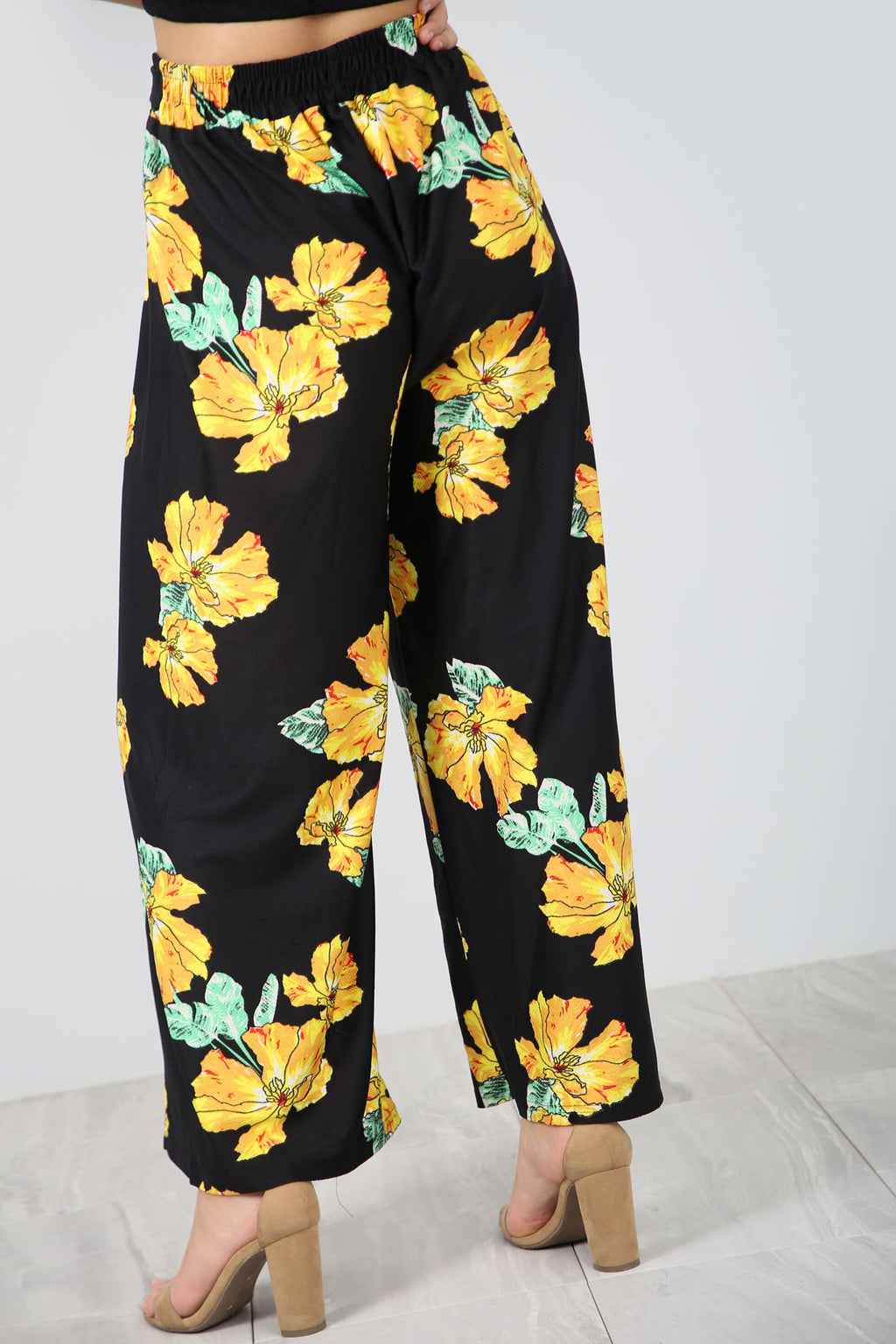 High Waist Yellow Tropical Print Wide Leg Pants - bejealous-com