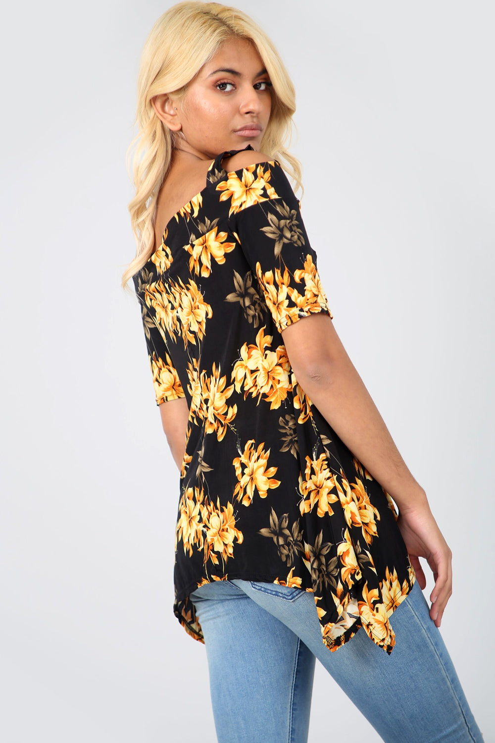 Cold Shoulder Floral Print Dip Hem Top - bejealous-com