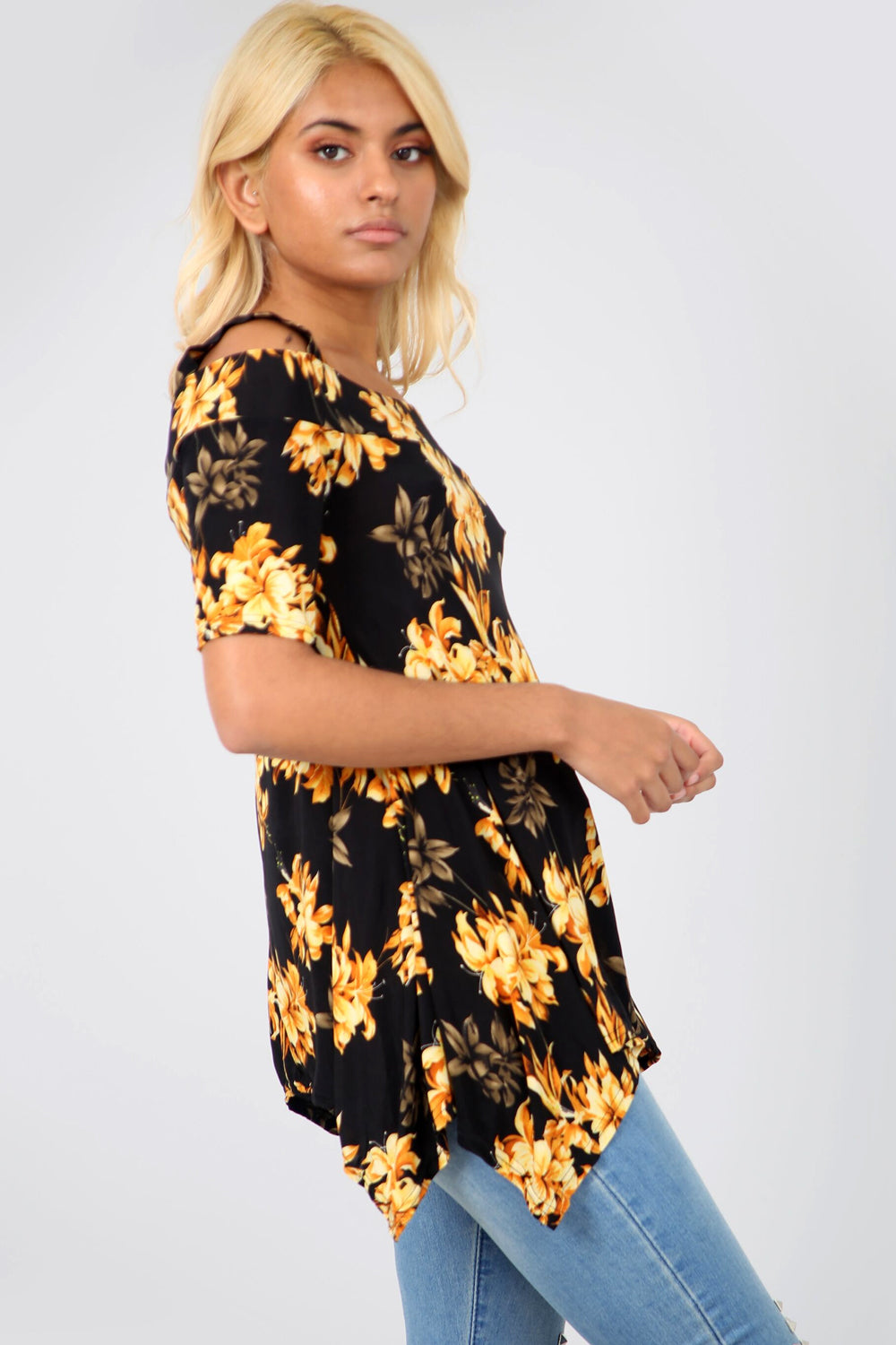 Cold Shoulder Floral Print Dip Hem Top - bejealous-com