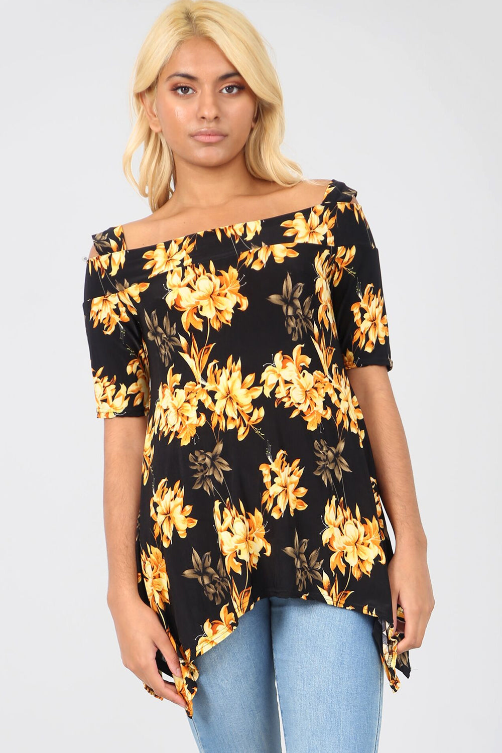 Cold Shoulder Floral Print Dip Hem Top - bejealous-com
