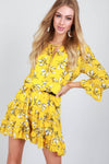 Yellow Floral Print Frilly Mini Shift Dress - bejealous-com