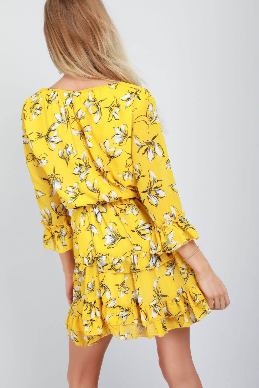 Yellow Floral Print Frilly Mini Shift Dress - bejealous-com