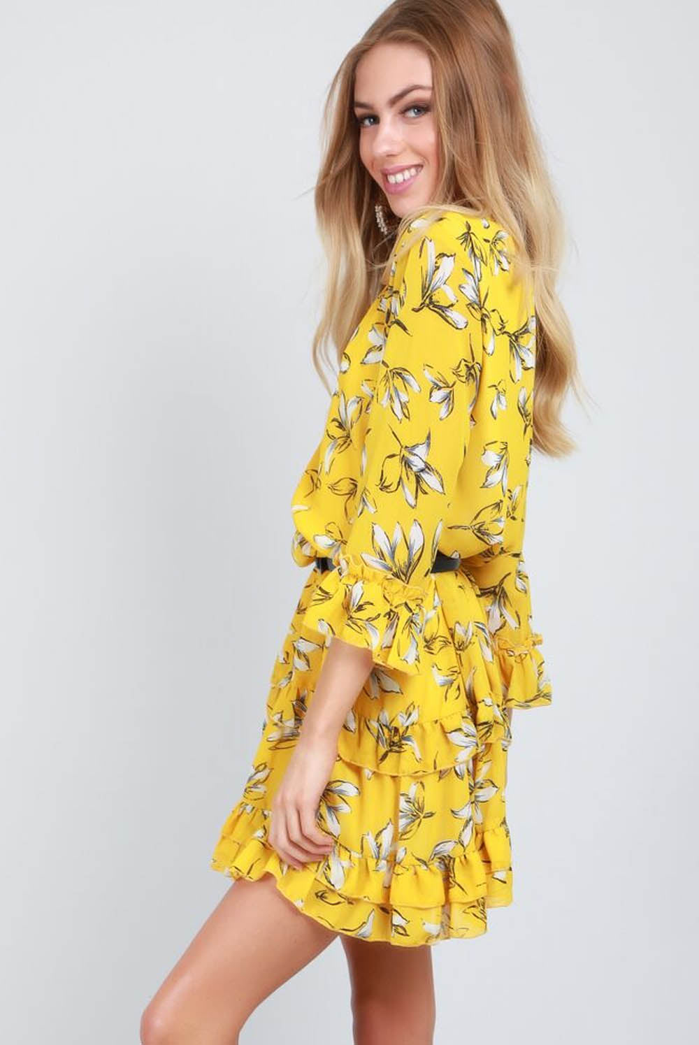 Yellow Floral Print Frilly Mini Shift Dress - bejealous-com