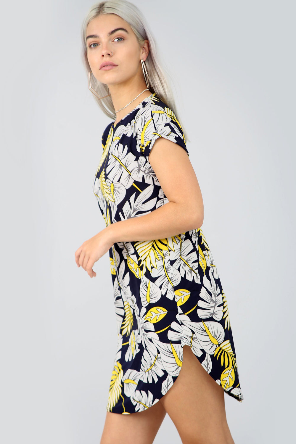 Floral Print Curved Hem Turn up Sleeve Tshirt Dress - bejealous-com