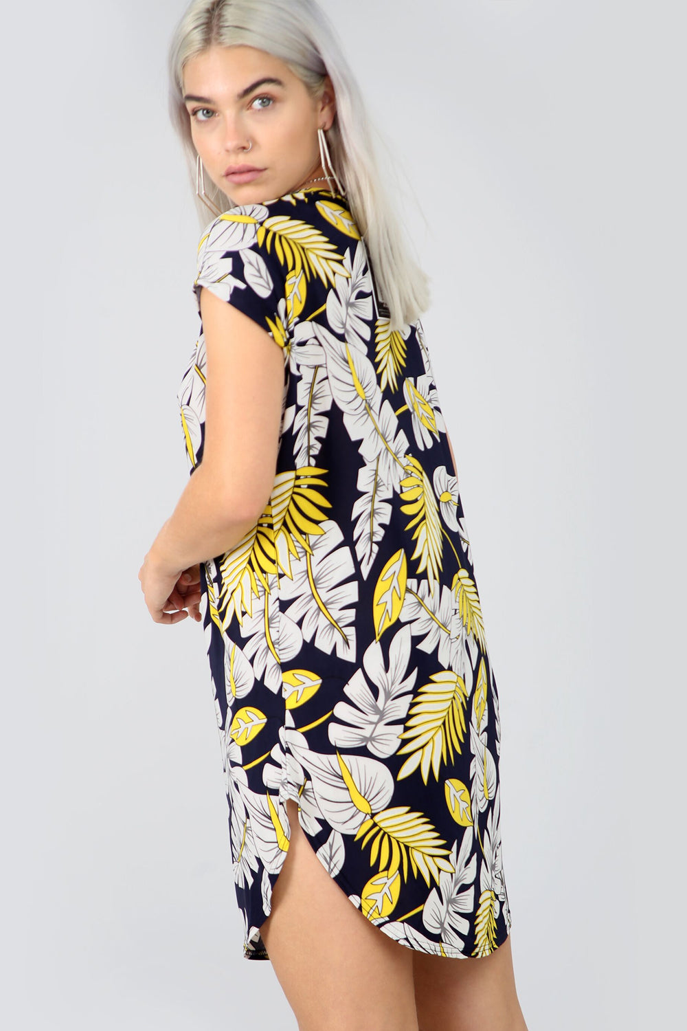 Floral Print Curved Hem Turn up Sleeve Tshirt Dress - bejealous-com