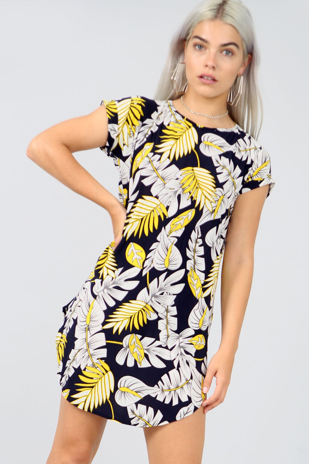 Floral Print Curved Hem Turn up Sleeve Tshirt Dress - bejealous-com