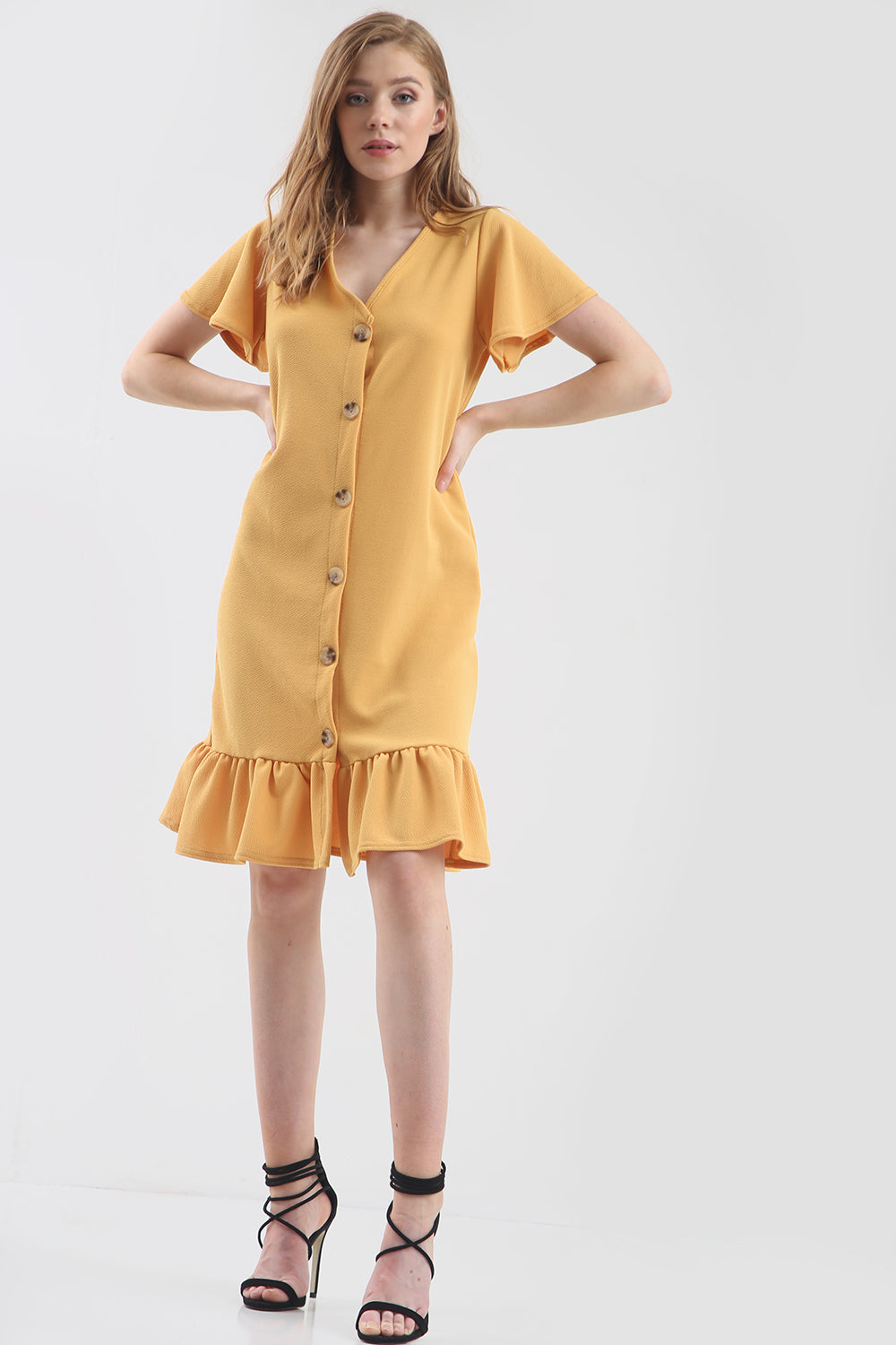 Dani Button Through Frill Sleeve Bodycon Dress - bejealous-com