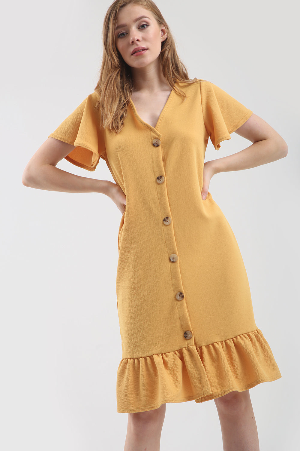 Dani Button Through Frill Sleeve Bodycon Dress - bejealous-com