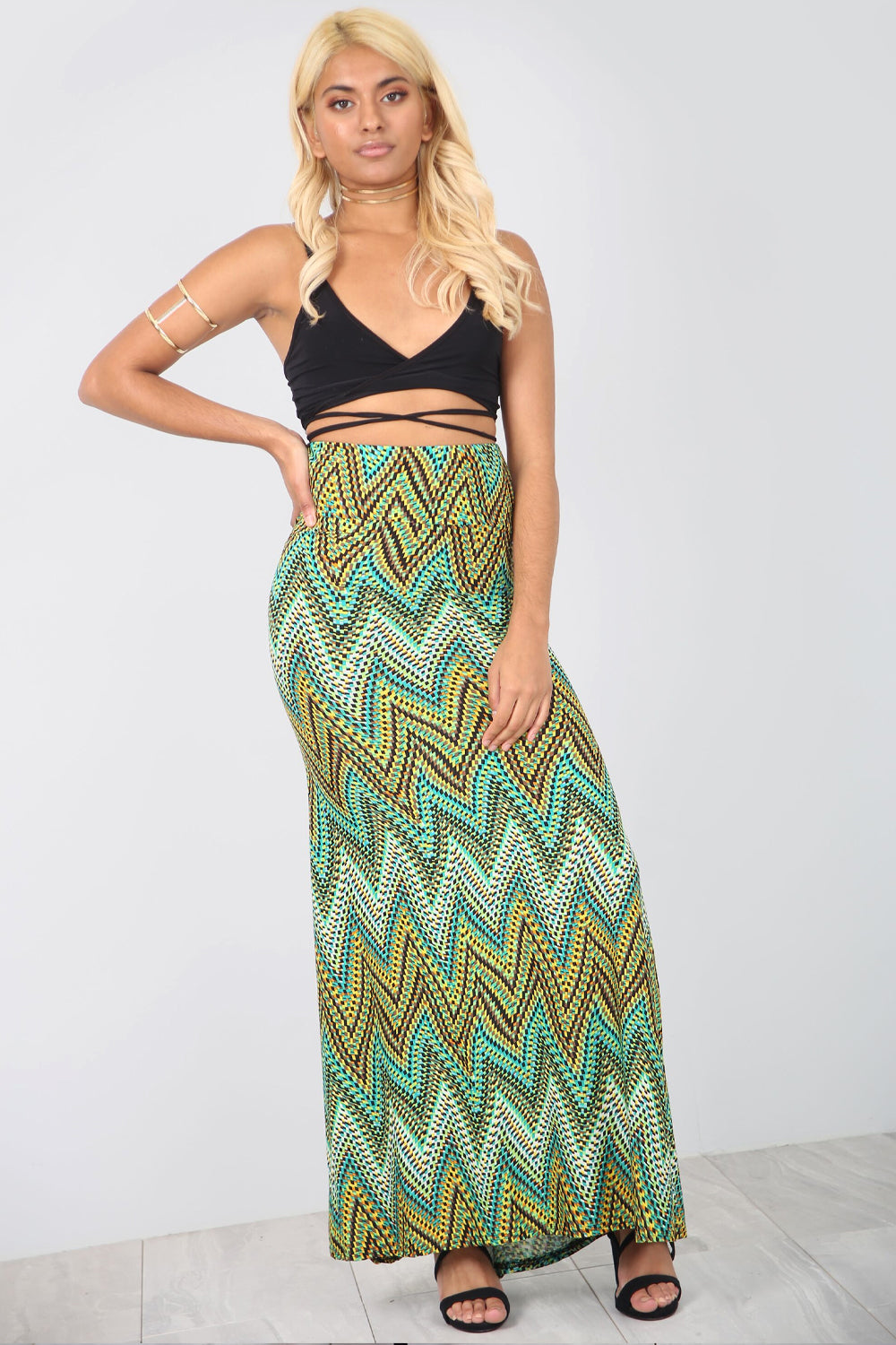 High Waist Green Aztec Print Maxi Skirt - bejealous-com
