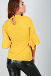 Choker Neck Mustard Frill Sleeve Blouse - bejealous-com