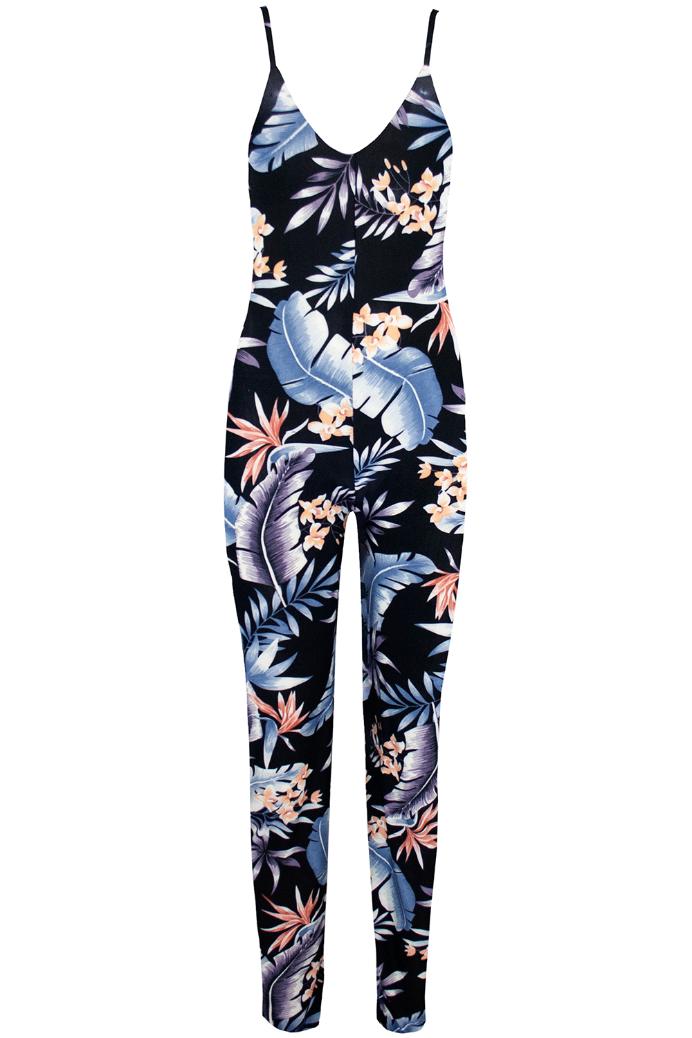 Strappy Blue Tropical Print Slim Leg Lycra Jumpsuit
