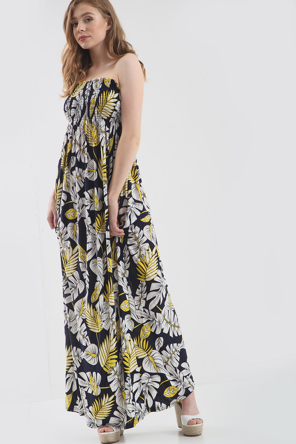 Tropical Print Bardot Black Maxi Dress