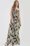Tropical Print Bardot Black Maxi Dress