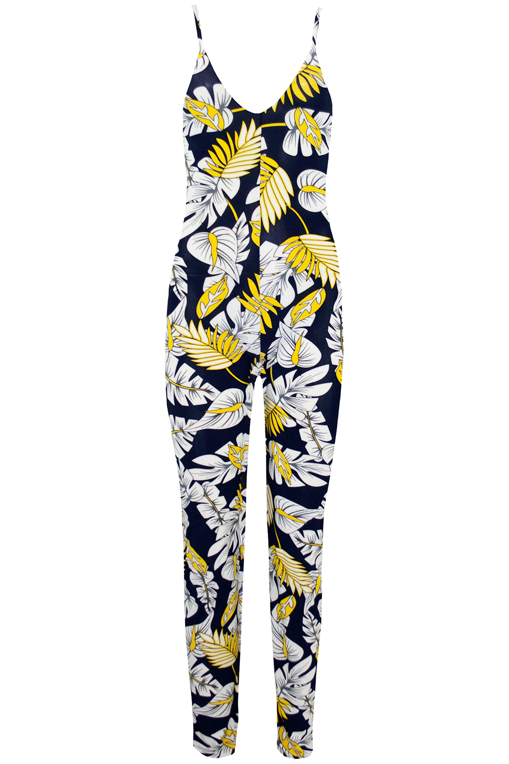Strappy Blue Tropical Print Slim Leg Lycra Jumpsuit