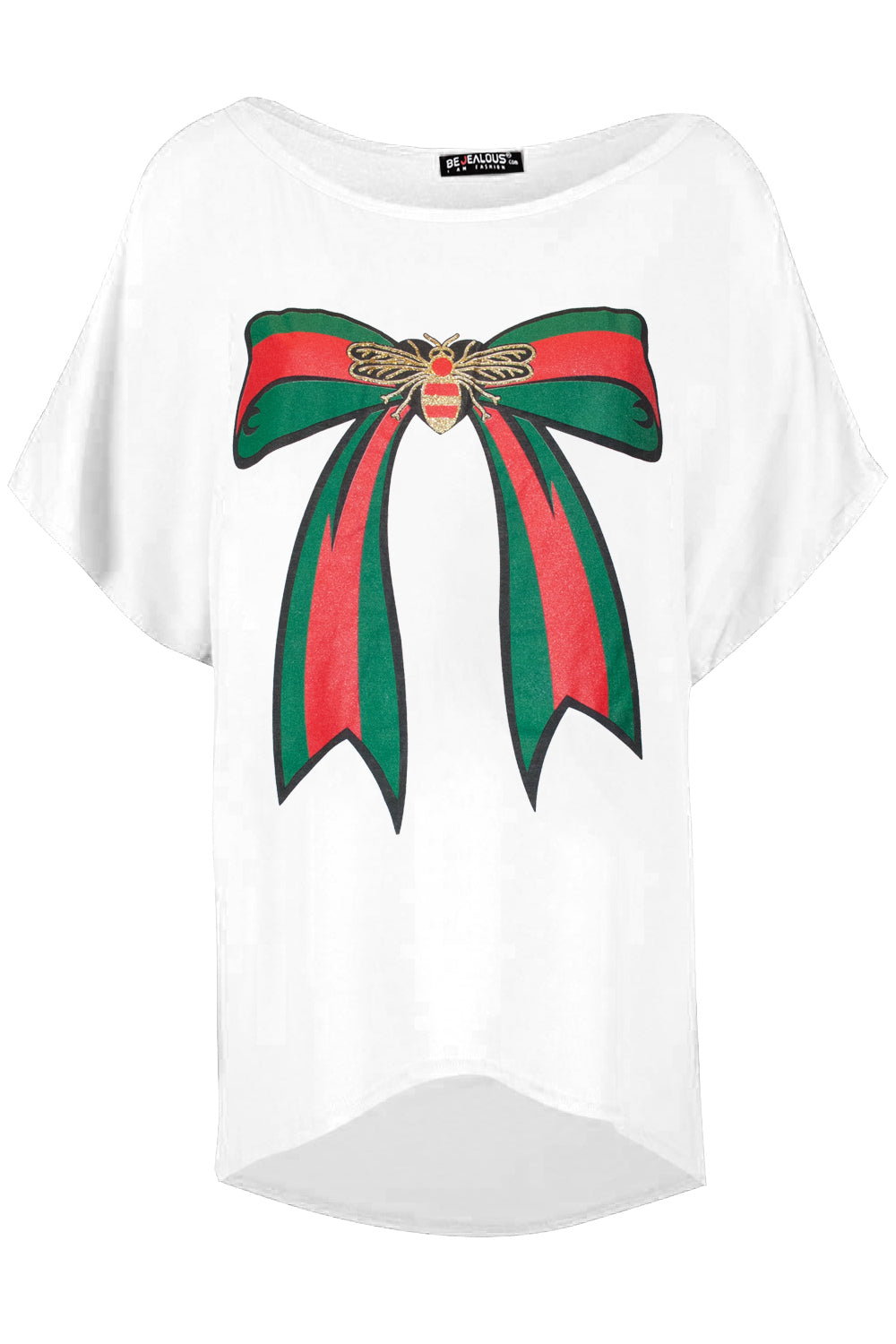 Graphic Print Bow Bat Wing Oversize Black Tshirt - bejealous-com