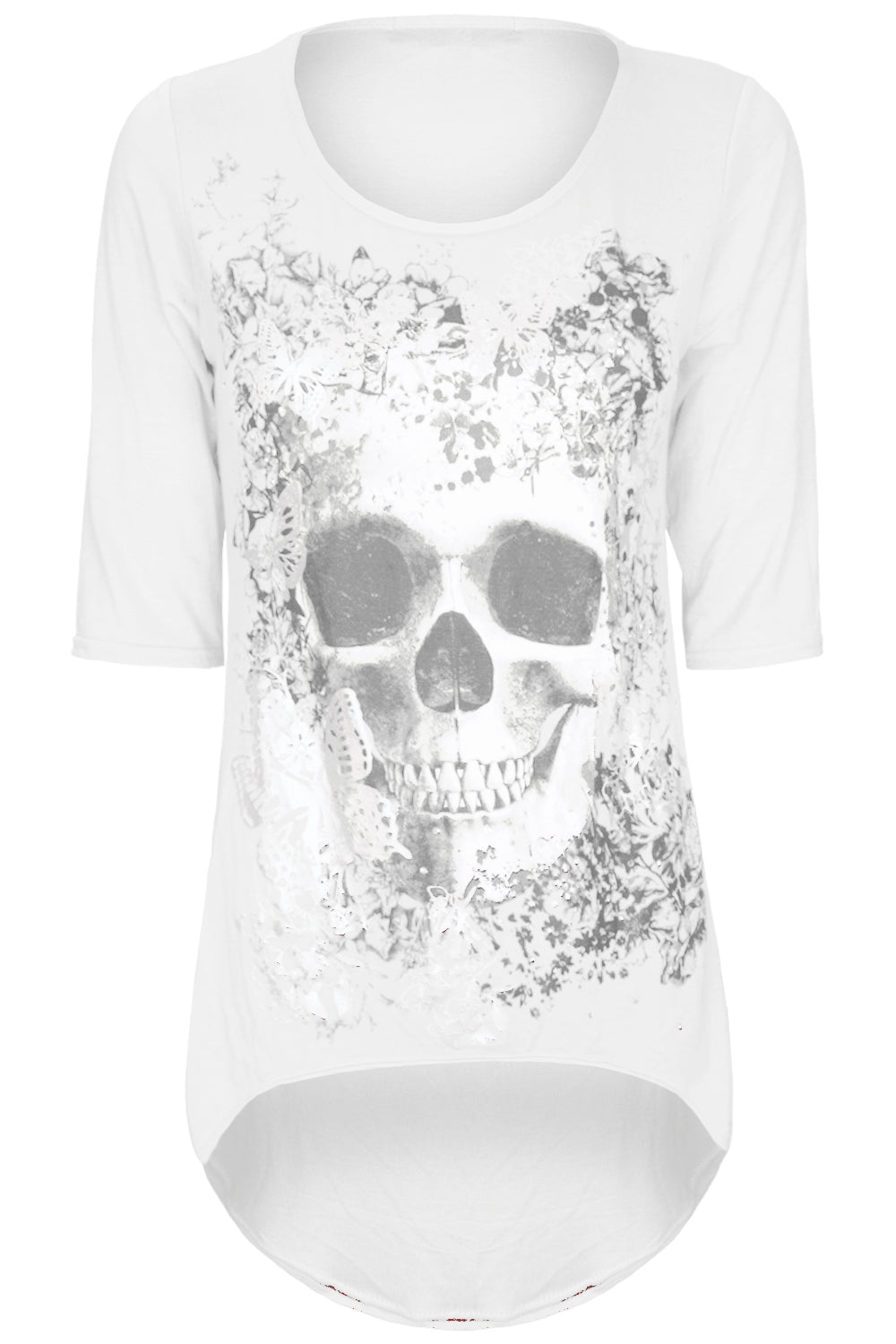 Cropped Sleeve Skull Print Curve Hem Top