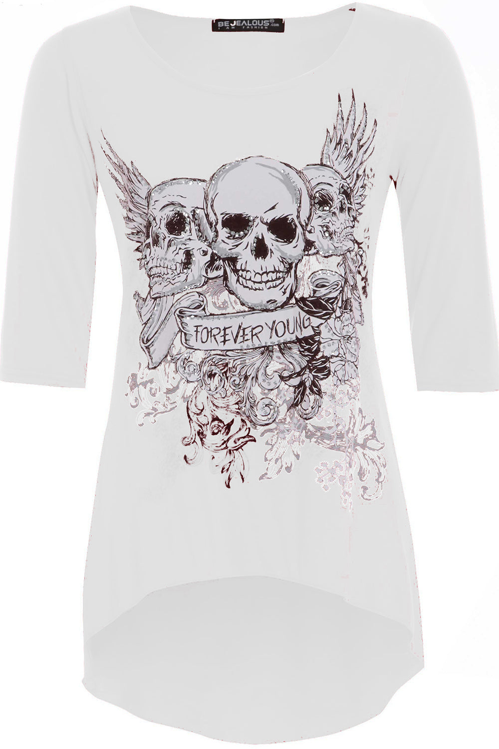 Cropped Sleeve Skull Print Curve Hem Tshirt
