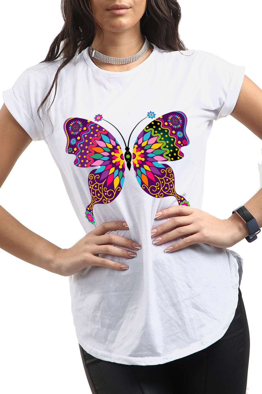 Lisa Multi Color Butterfly Curved Hem Basic Top