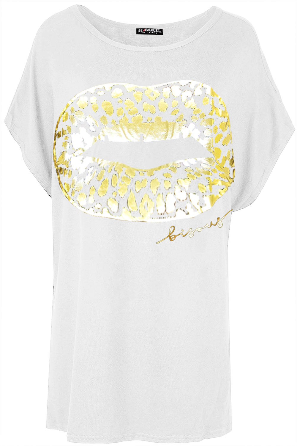 Lips Gold Foil Printed Batwing Oversized T Shirt