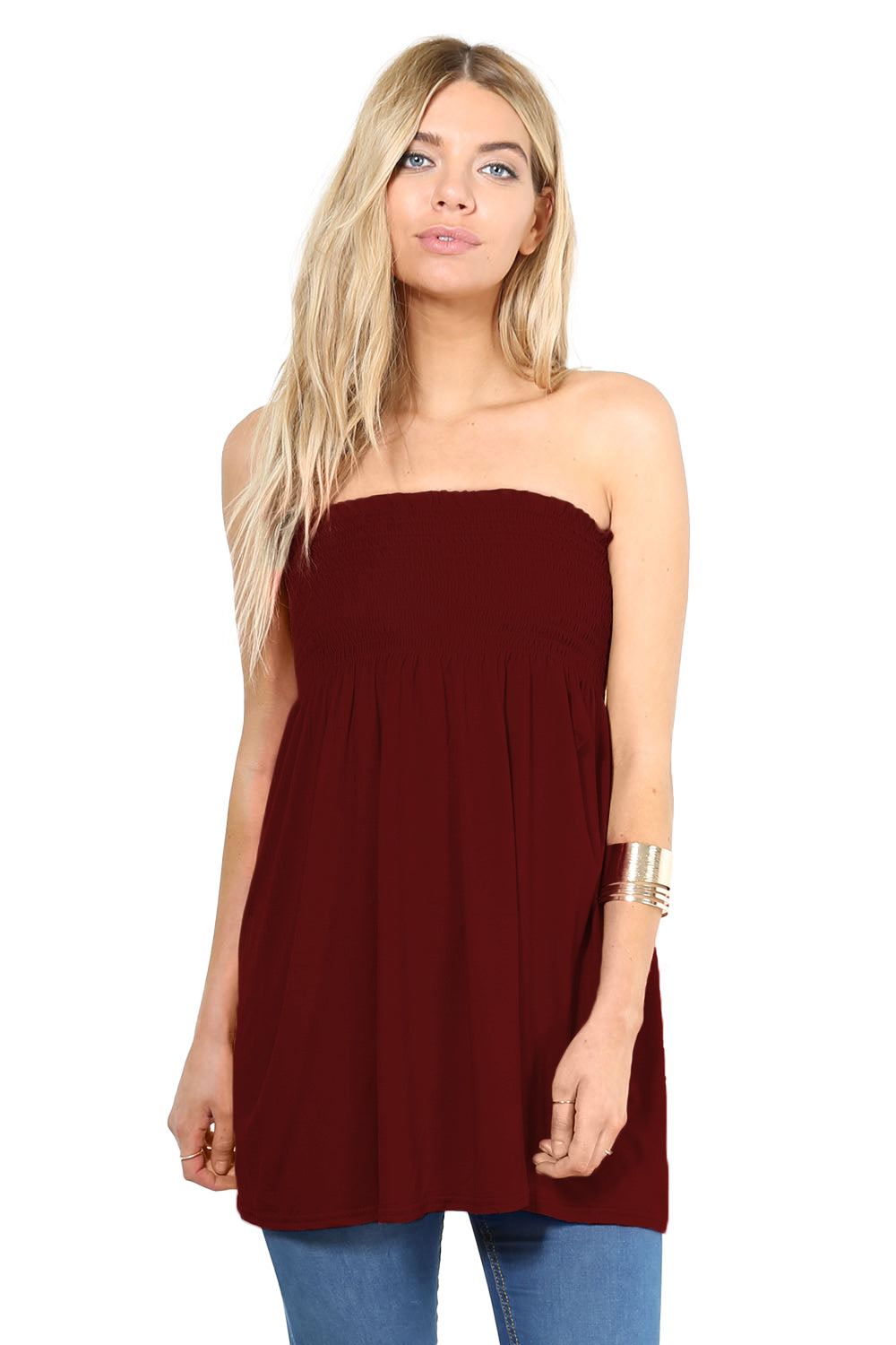 Shirring Bardot Basic Red Swing Top