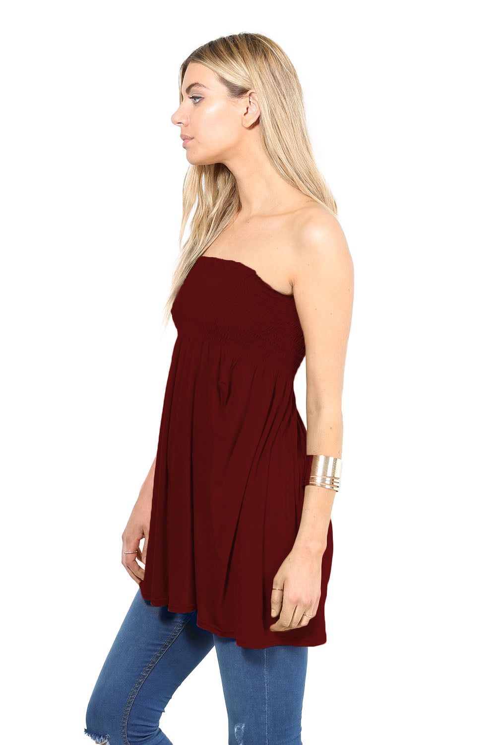 Shirring Bardot Basic Red Swing Top