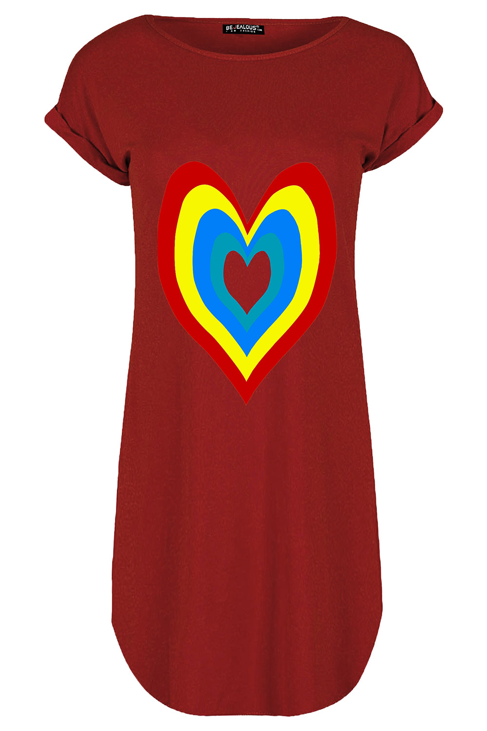 Emily Rainbow Heart Oversized Curved Hem Mini Tee Dress