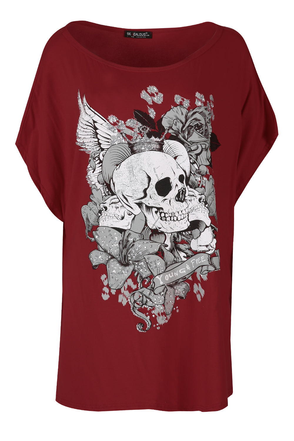 Skull Graphic Print Black Oversized Off Shoulder Tshirt