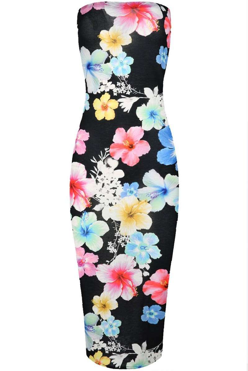 Bandeau Multicolour Floral Print Midi Bodycon Dress - bejealous-com