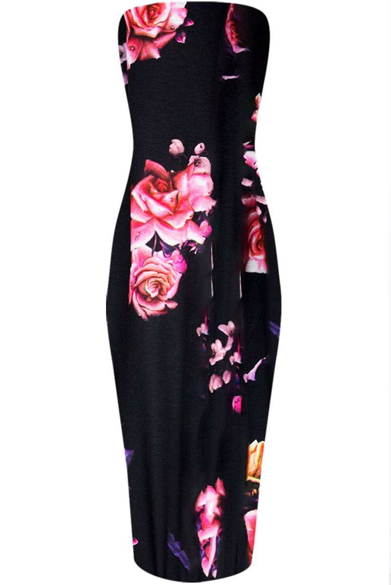 Bandeau Multicolour Floral Print Midi Bodycon Dress - bejealous-com