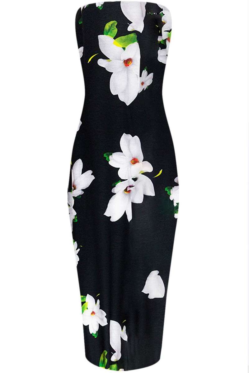 Bandeau Multicolour Floral Print Midi Bodycon Dress - bejealous-com