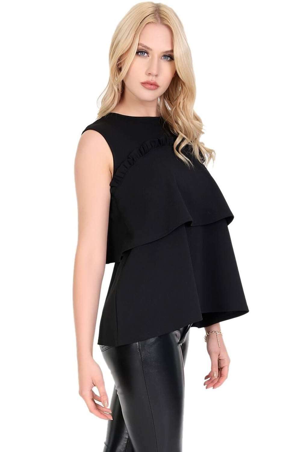 Black Crepe Sleeveless Tiered Frill Vest Top - bejealous-com