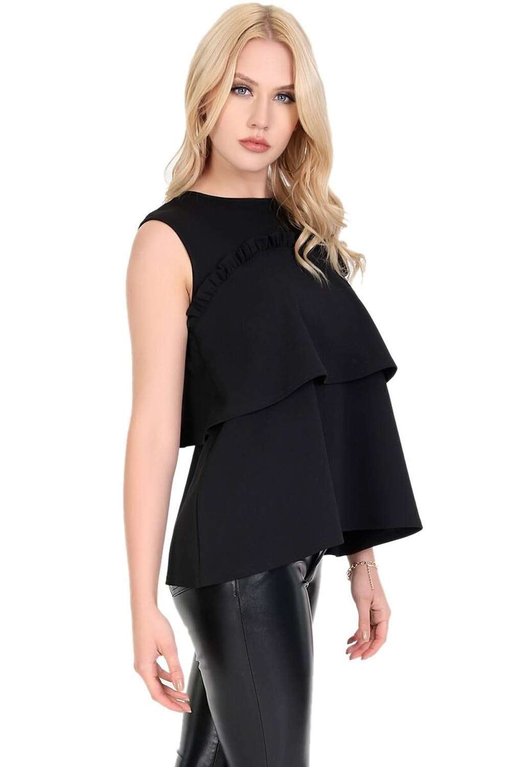 Sleeveless Crepe Tiered Frill Beige Top - bejealous-com