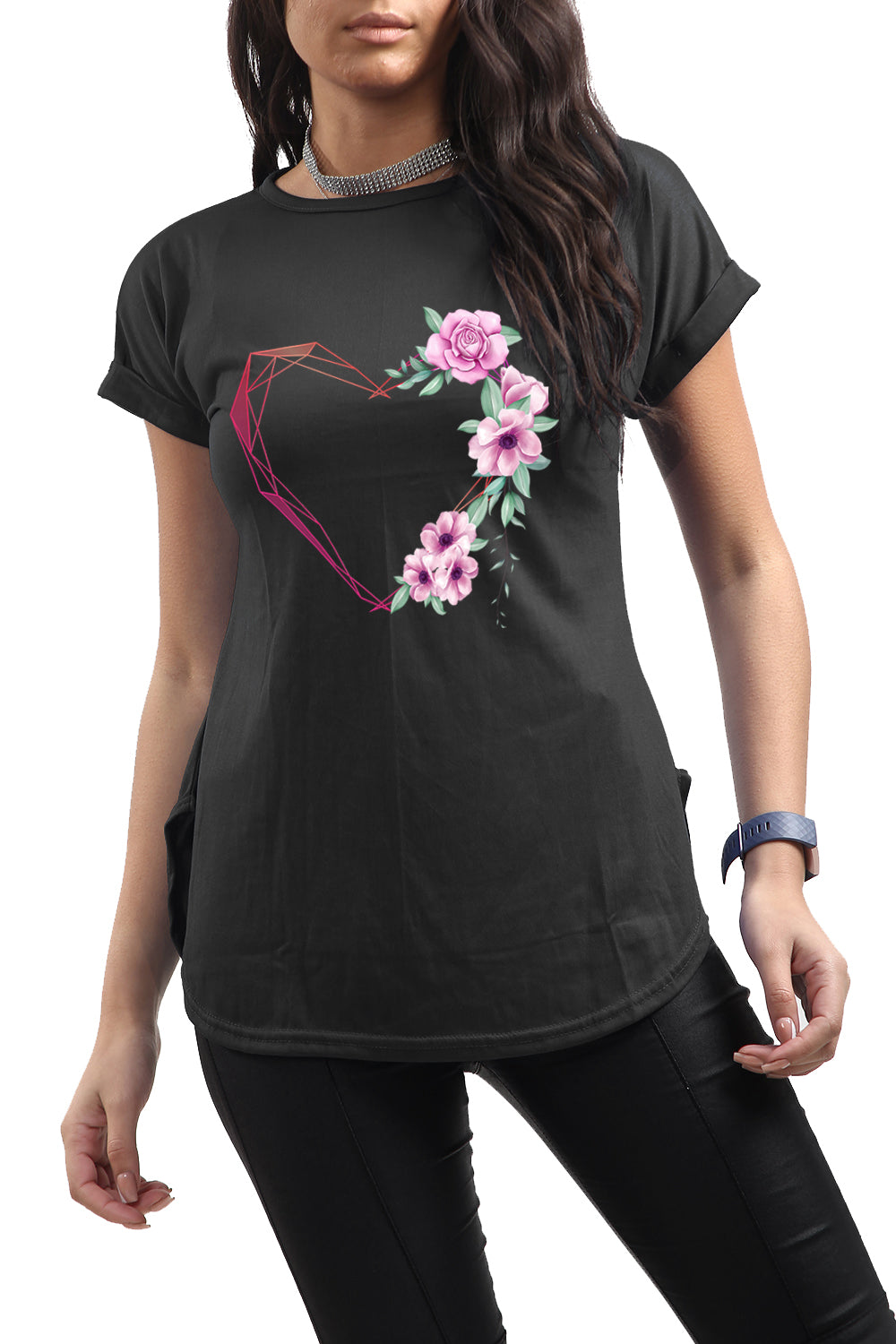 Selena Floral Heart Curved Hem Basic Top