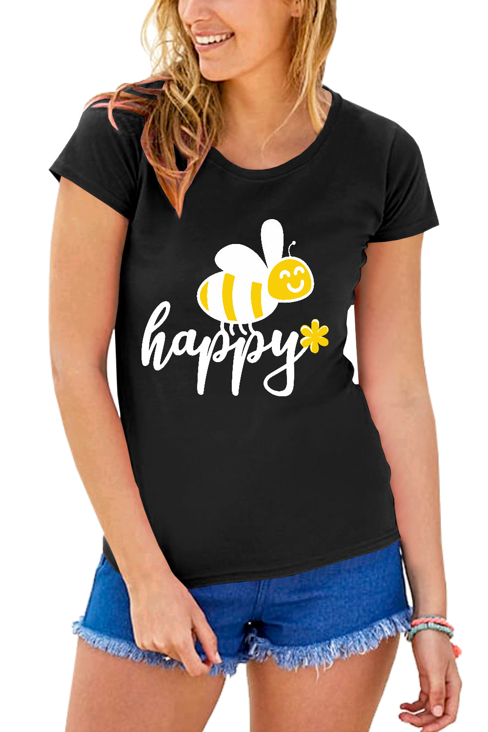Ada Be Happy Print Basic Slim T Shirt