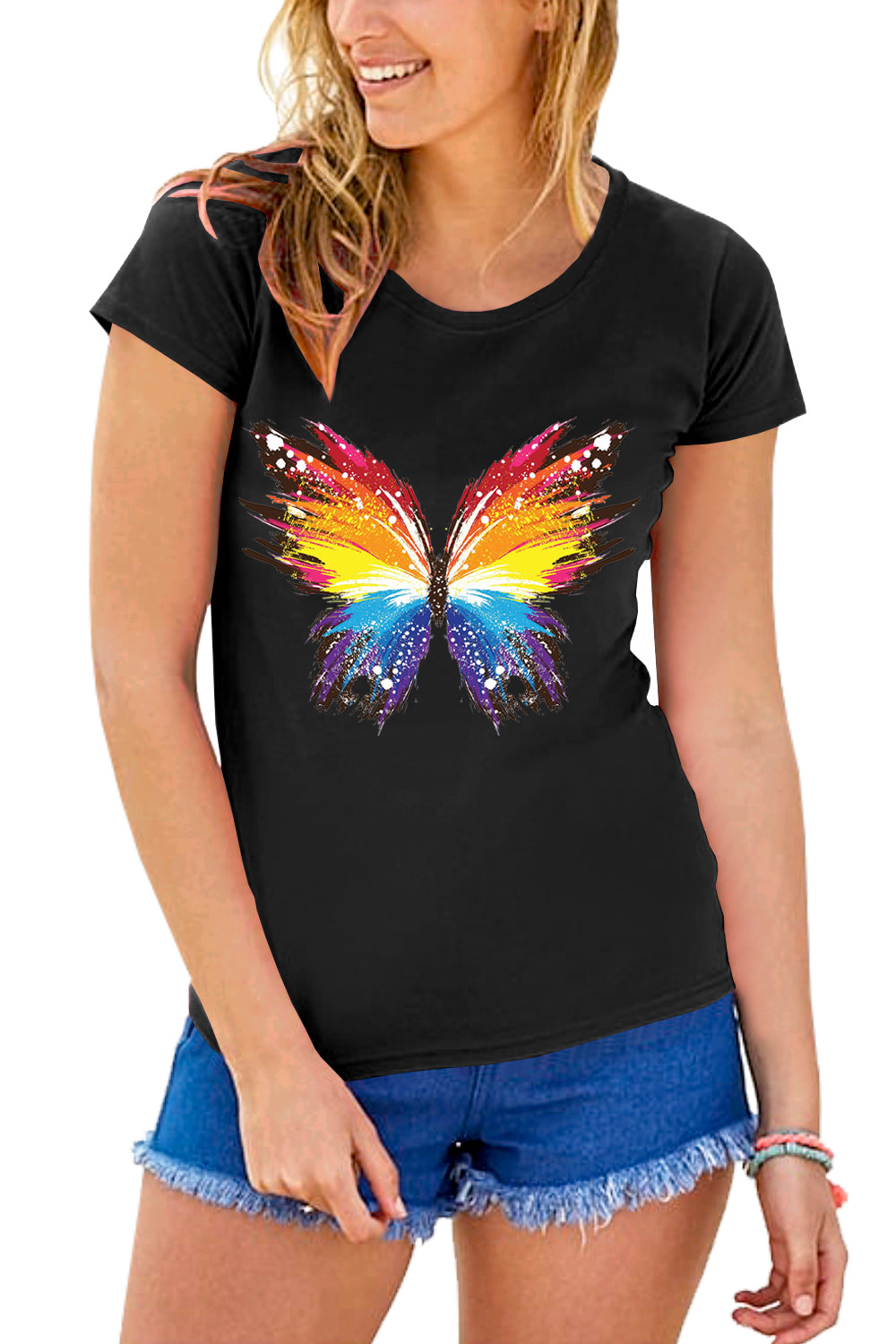 Eliza Butterfly Print Basic Stretchy Top