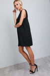 Bow Shoulder Black Sleeveless V Neck Shift Dress - bejealous-com